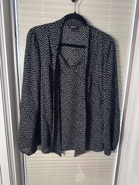 DKNY Black & White Polka Dot Large Blouse | Chic Tie Neck Top